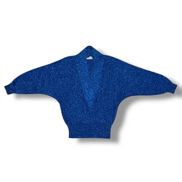 LILLIE RUBIN Metallic Blue Deep V Neck Sweater Dolman Sleeves VINTAGE